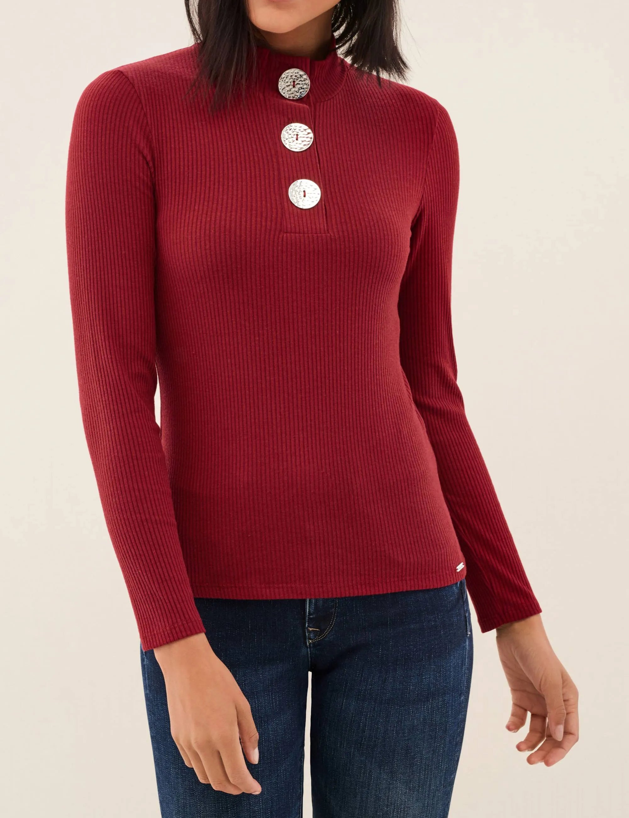 CAMISETA DE MANGA LARGA CON BOTONES EN EL ESCOTE - ECRU