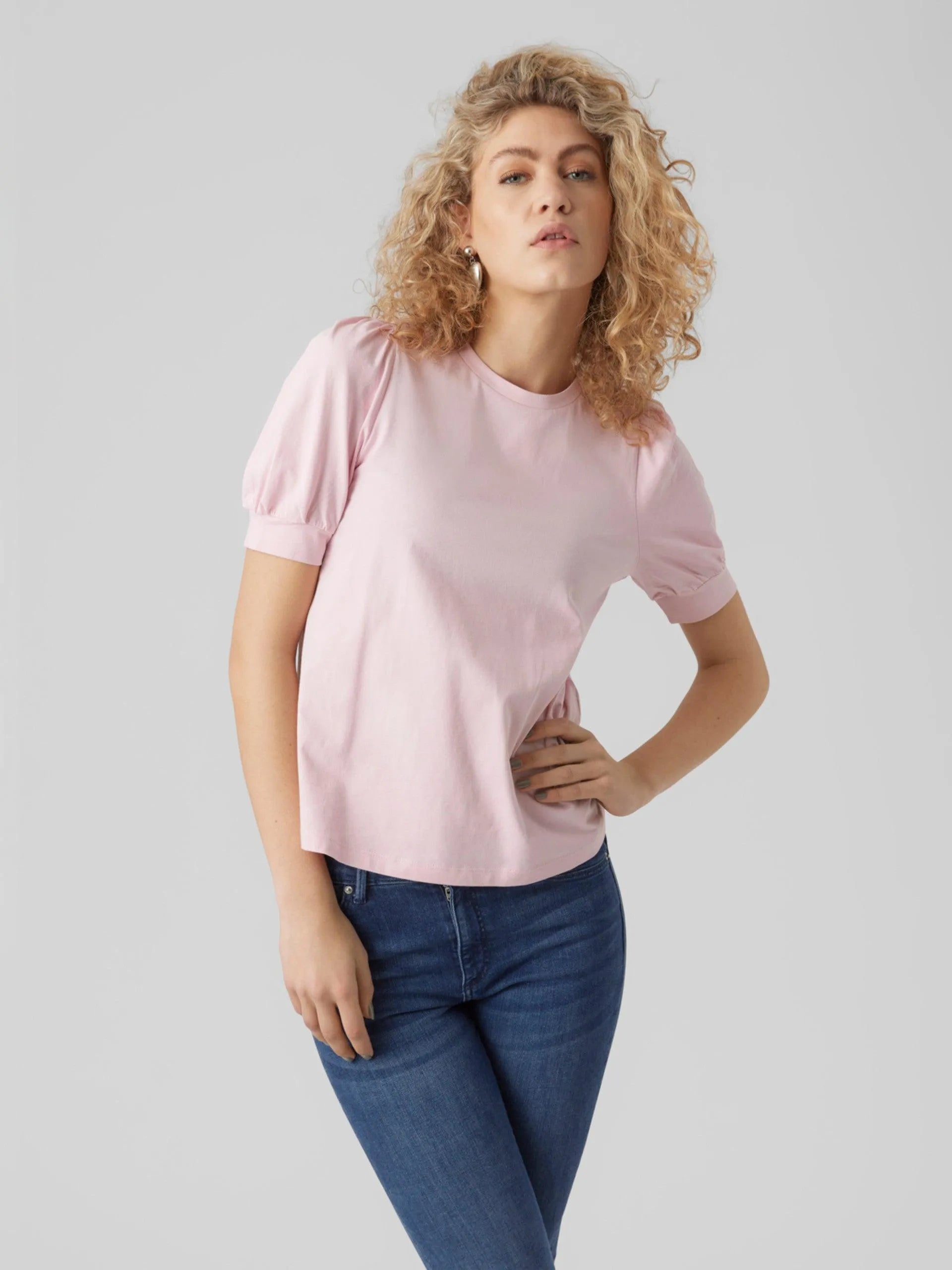 Camiseta de Mujer Vero Moda Manga Corta Abullonada Kerry Parfait Pink - ECRU