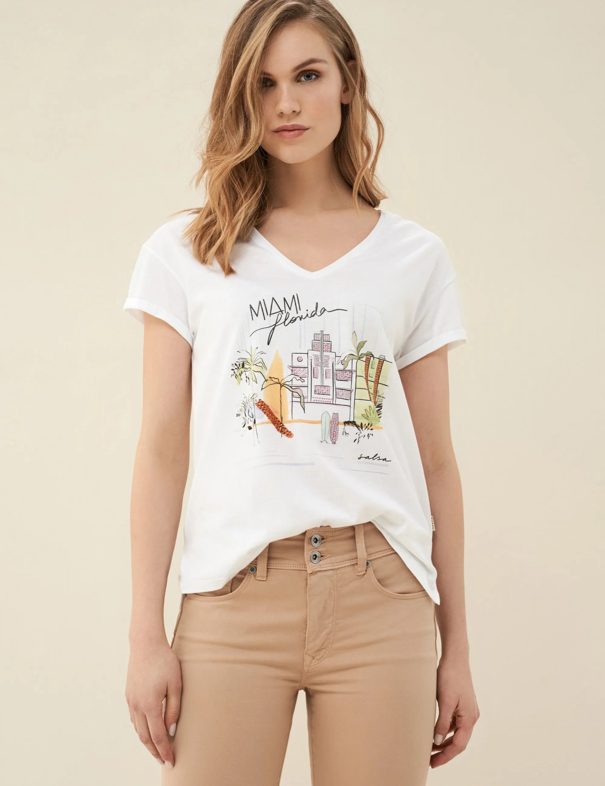 Camiseta Dibujo Miami - ECRU
