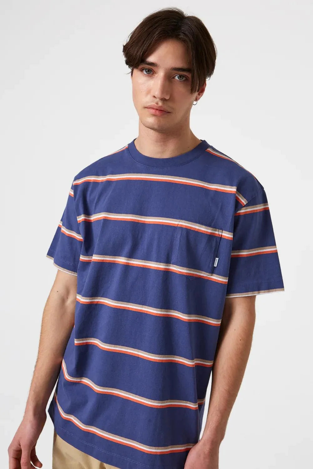 Camiseta Edmmond de Hombre Manga Corta a Rayas Gavin Plain Navy - ECRU