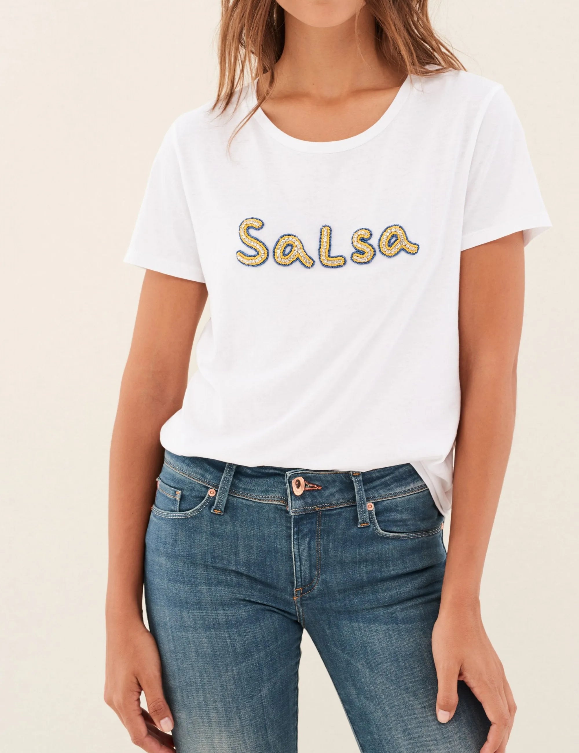 CAMISETA LOGO SALSA DE ALGODÓN CON ABALORIOS - ECRU
