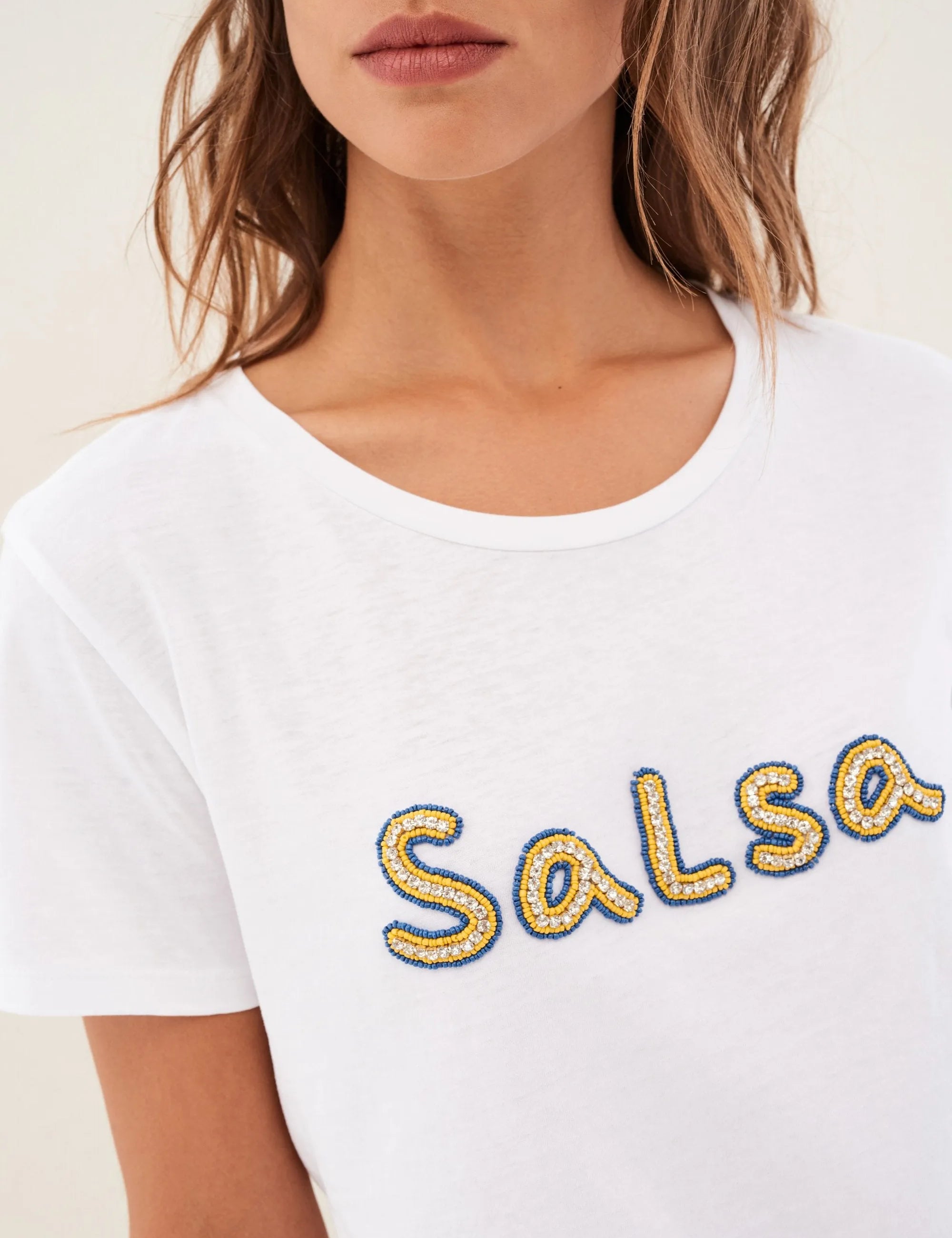CAMISETA LOGO SALSA DE ALGODÓN CON ABALORIOS - ECRU