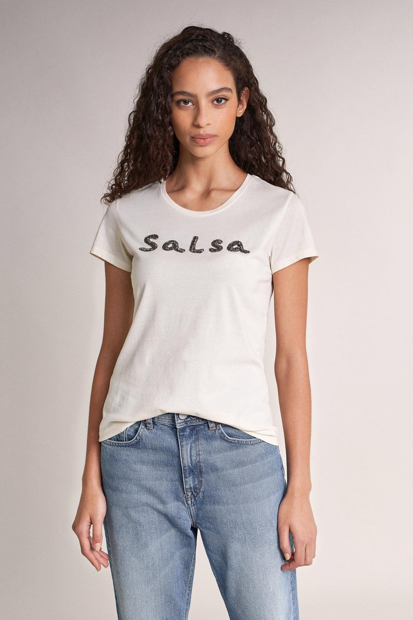Camiseta Salsa Branding con Cuentas - ECRU