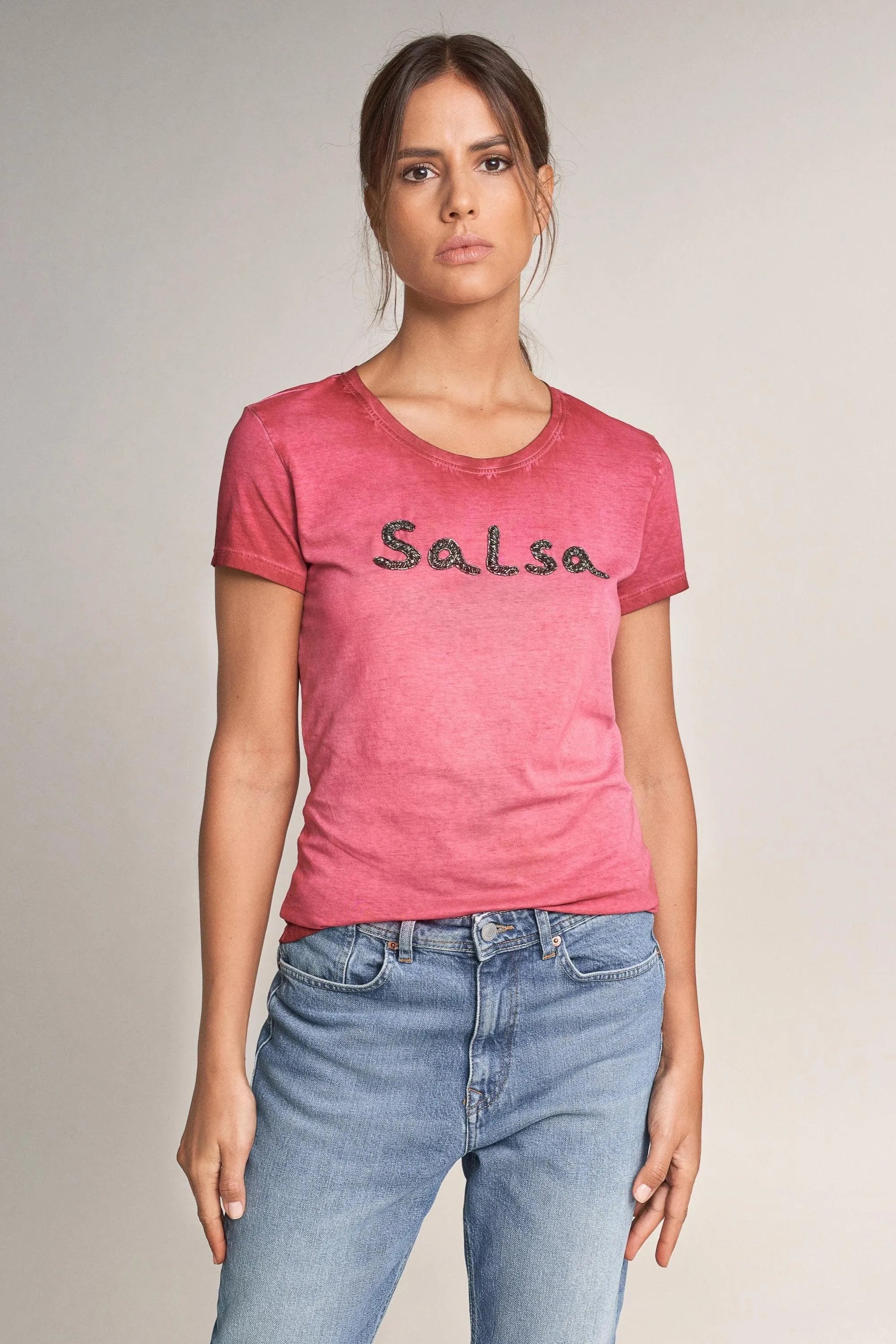 Camiseta Salsa Branding con Cuentas - ECRU