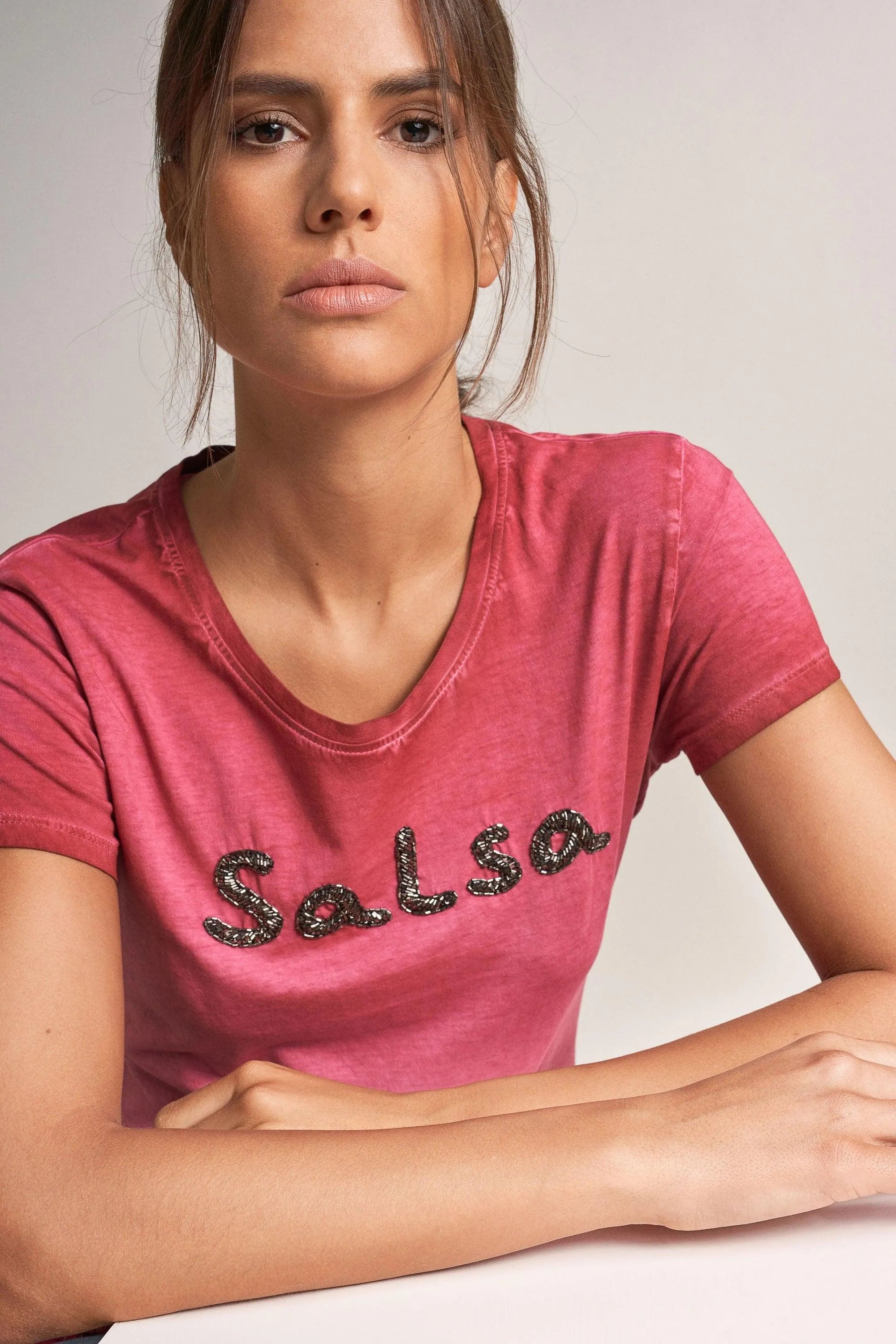Camiseta Salsa Branding con Cuentas - ECRU