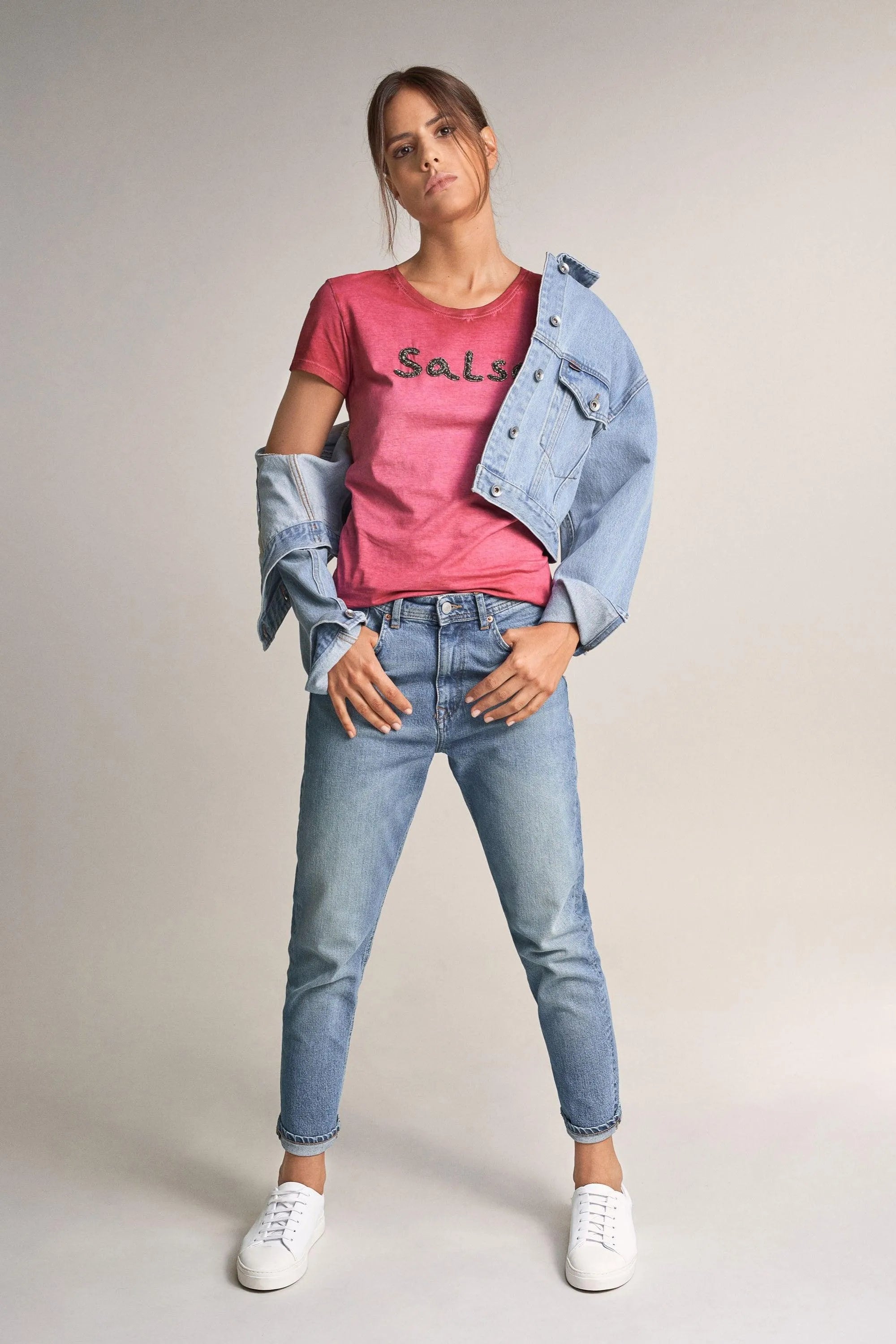 Camiseta Salsa Branding con Cuentas - ECRU