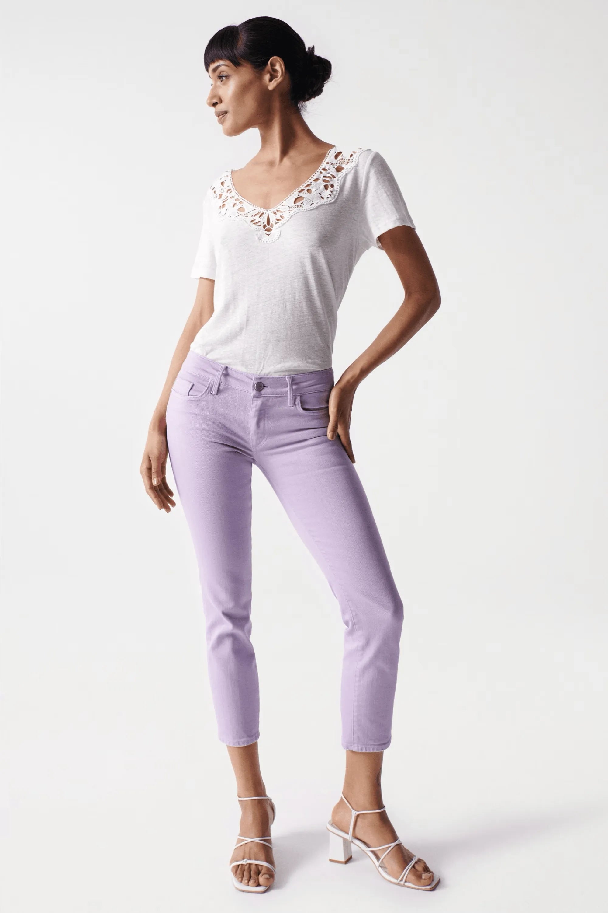 Camiseta Salsa Jeans Lisa con Encaje Arena - ECRU