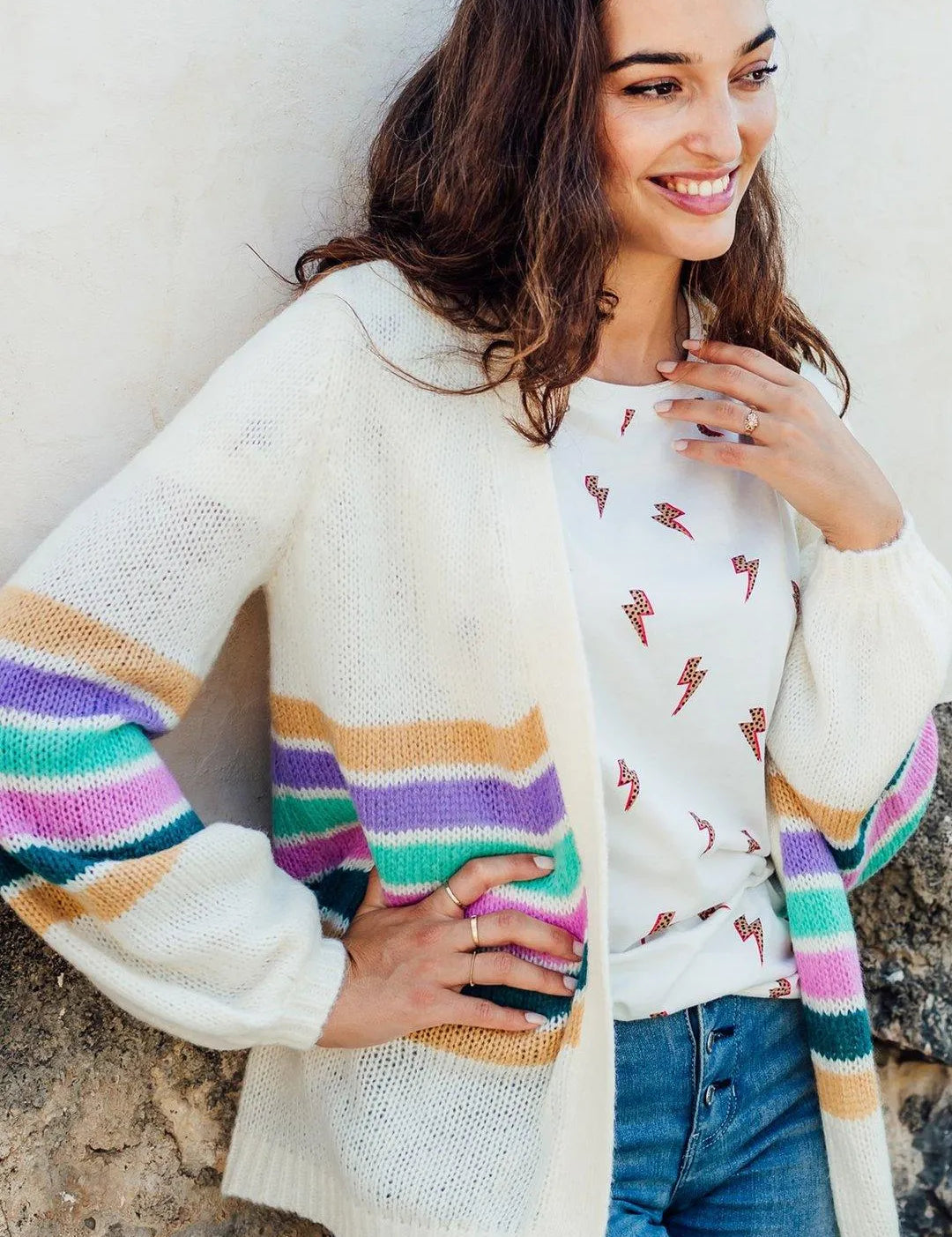 Cárdigan Yvette Crema, Rayas en bloque - ECRU