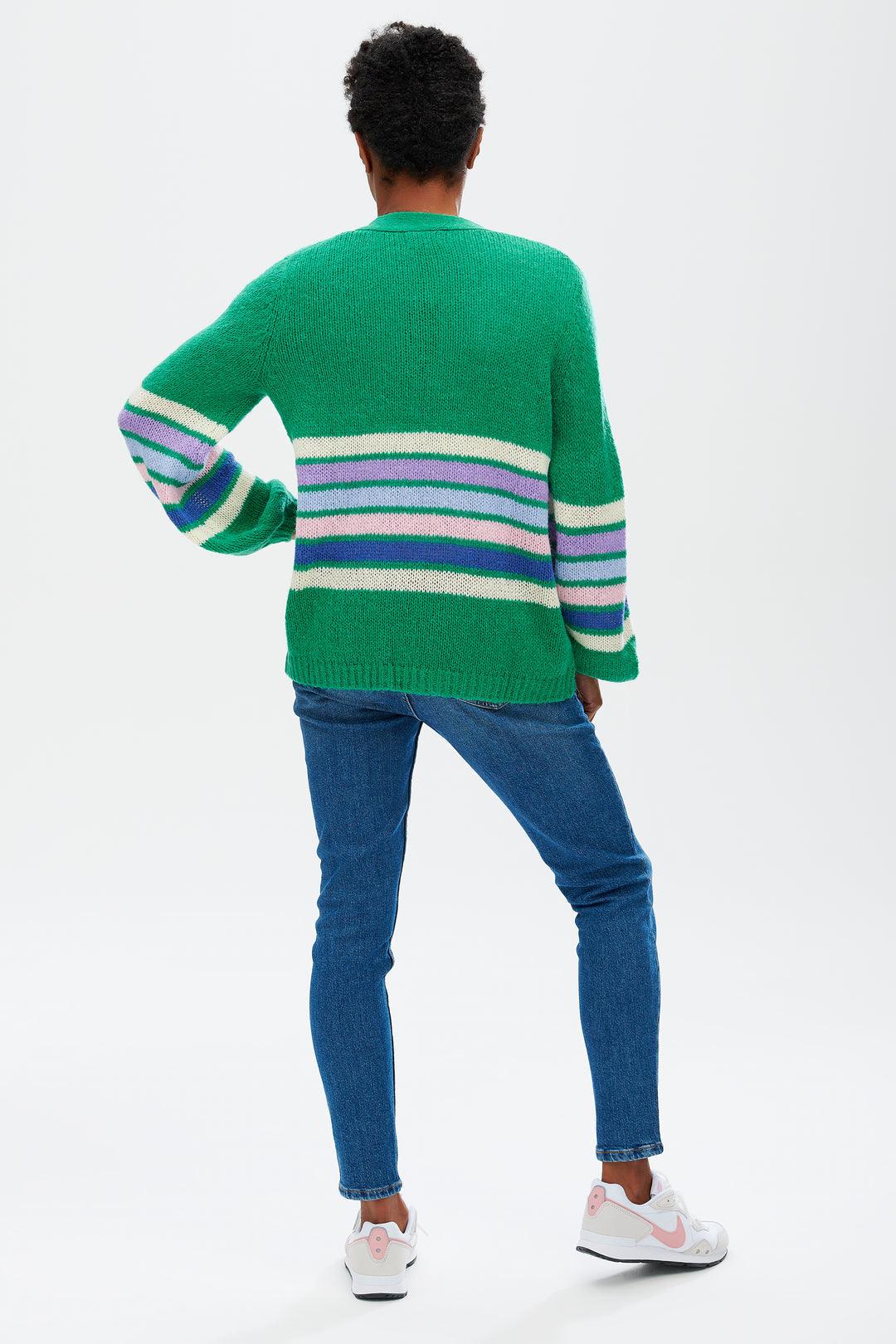 Cardigan Yvette Green Block Colour Stripes - ECRU