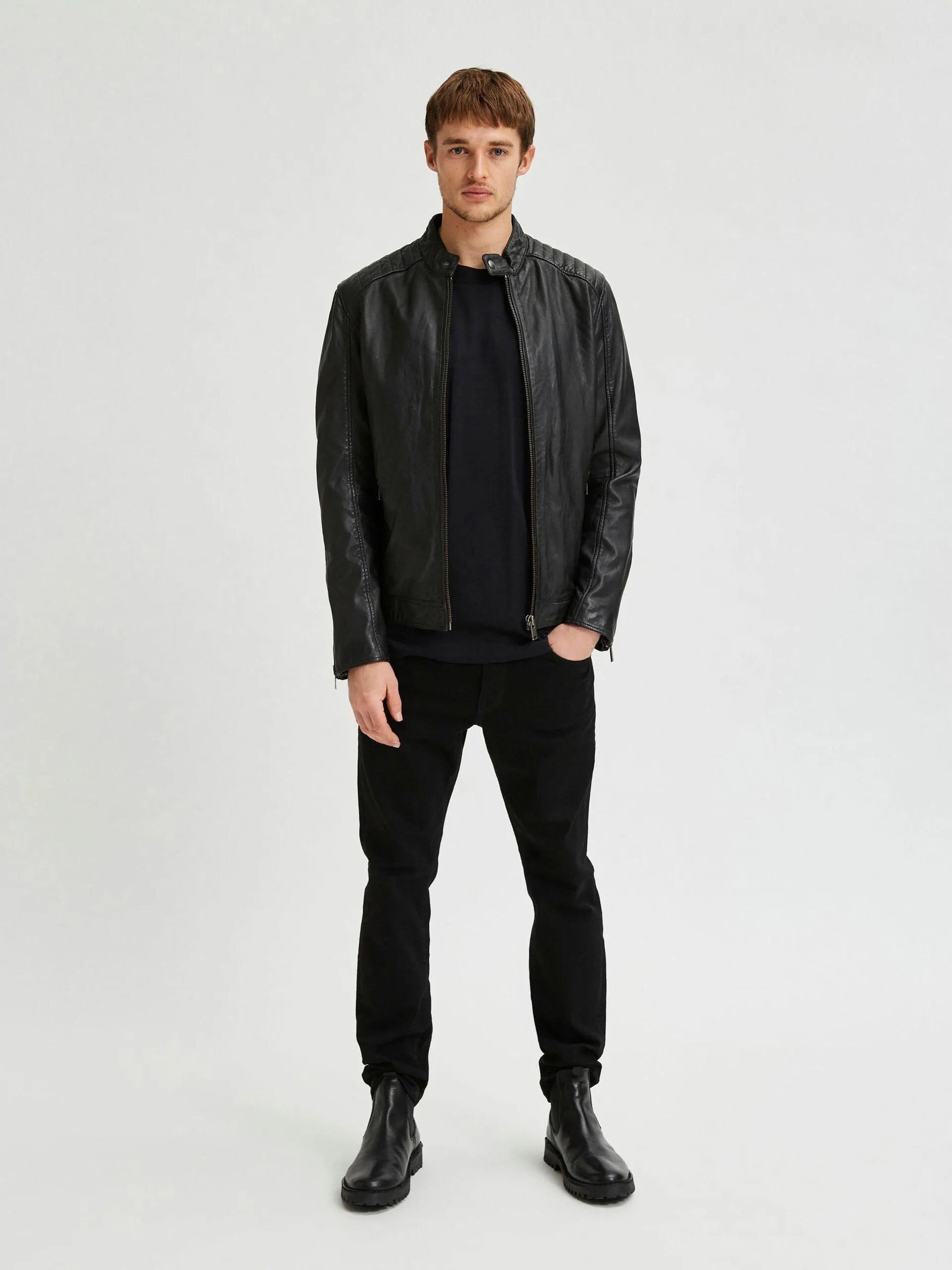 Chaqueta de Piel Iconic Racer Black - ECRU