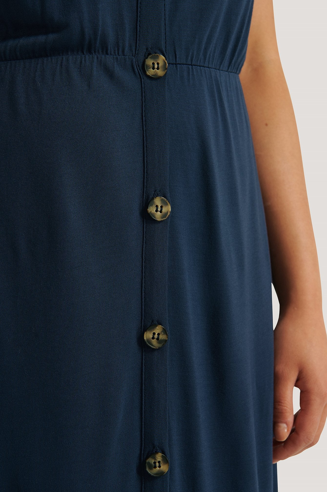 Deep V-Neck Button Detail Dress - ECRU