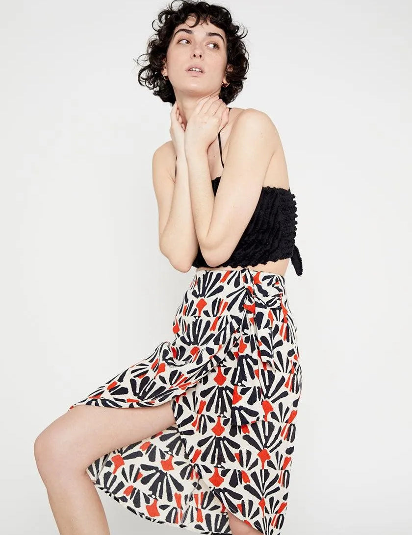 Falda envolvente drapeado lateral estampado tribal - ECRU