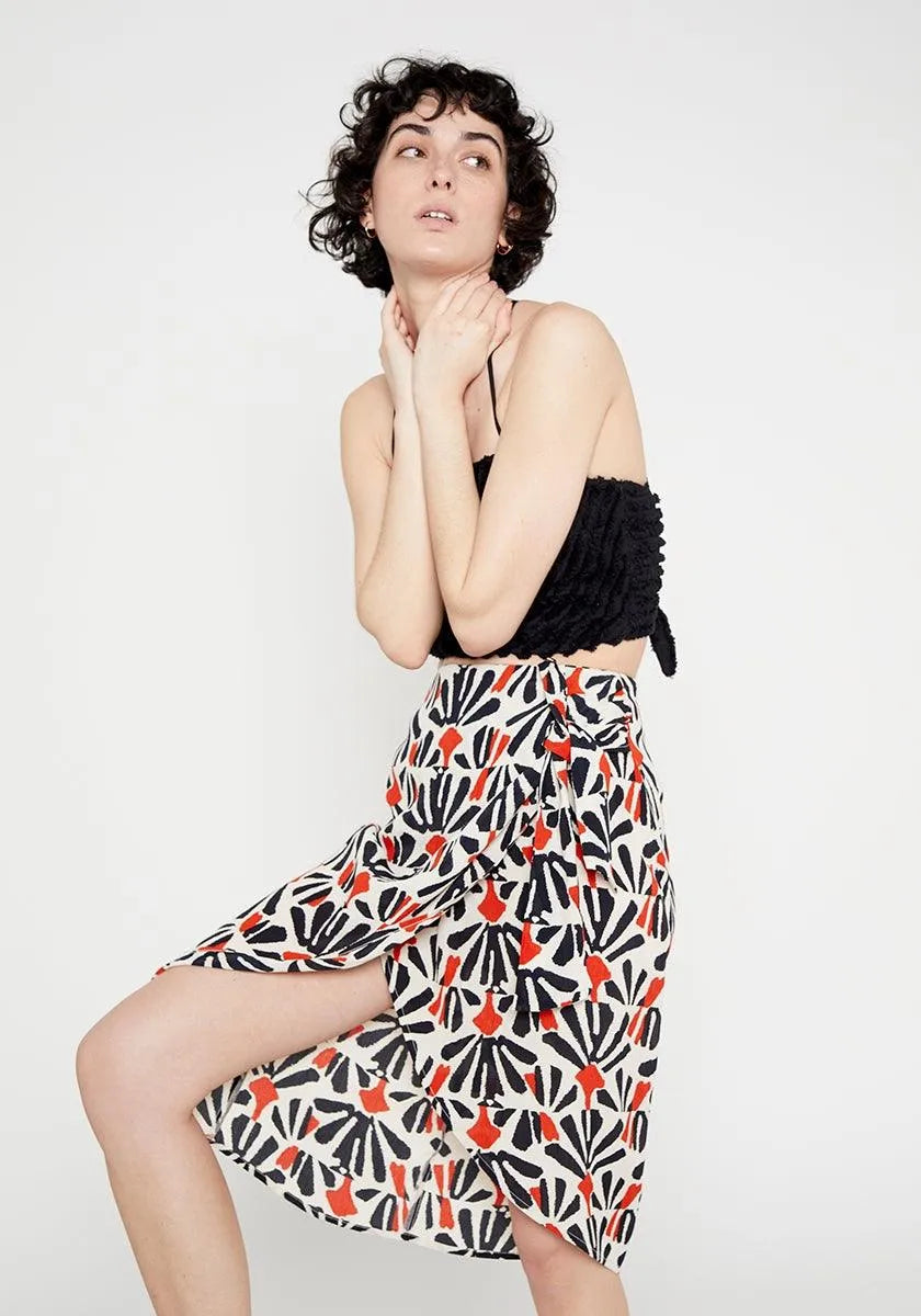 Falda envolvente drapeado lateral estampado tribal - ECRU