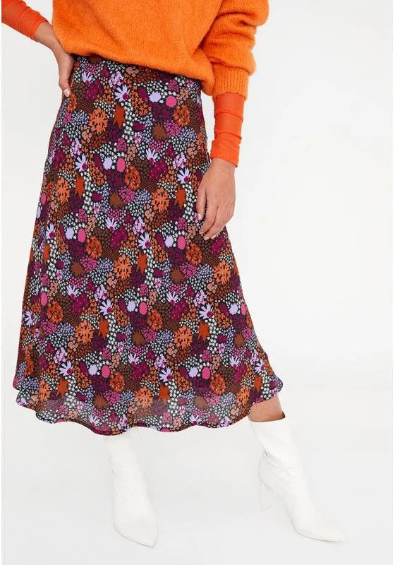 Falda midi de crepe evasé con cremallera y microestampado floral - ECRU