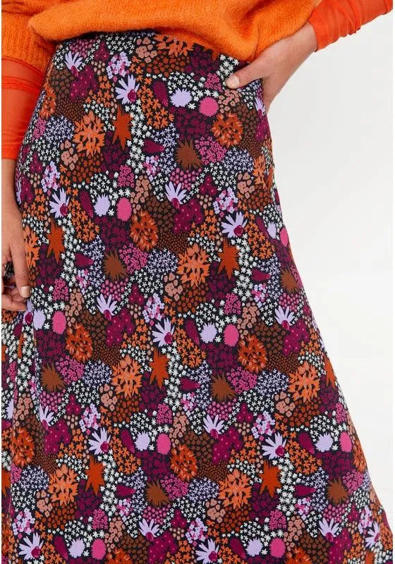 Falda midi de crepe evasé con cremallera y microestampado floral - ECRU