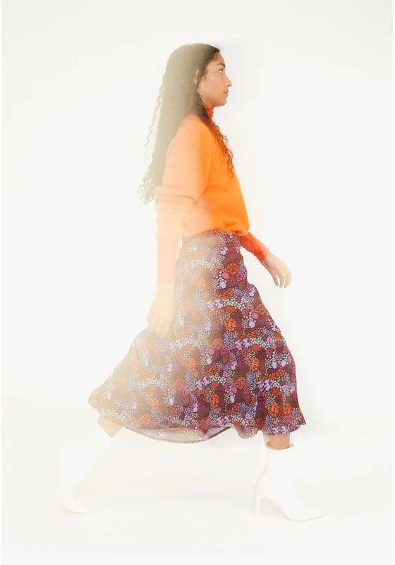 Falda midi de crepe evasé con cremallera y microestampado floral - ECRU