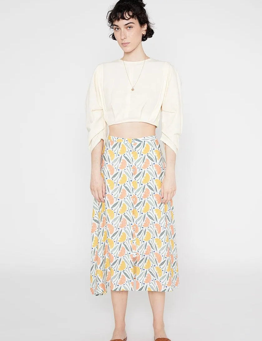 Falda midi evasé con botones estampado vegetal - ECRU