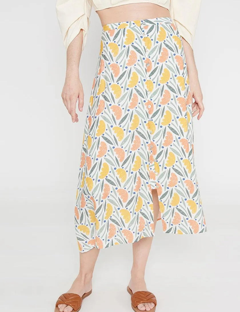 Falda midi evasé con botones estampado vegetal - ECRU