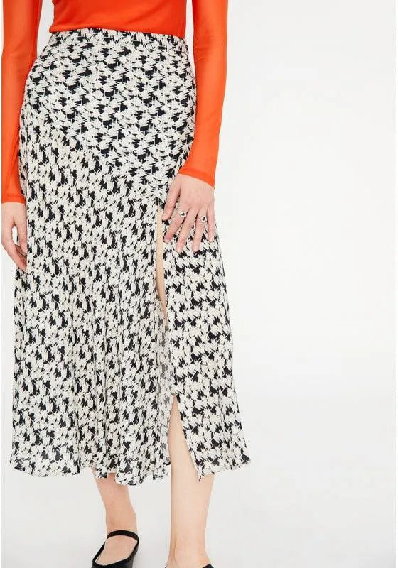 Falda midi evasé de crepe con abertura lateral y estampado abstracto - ECRU