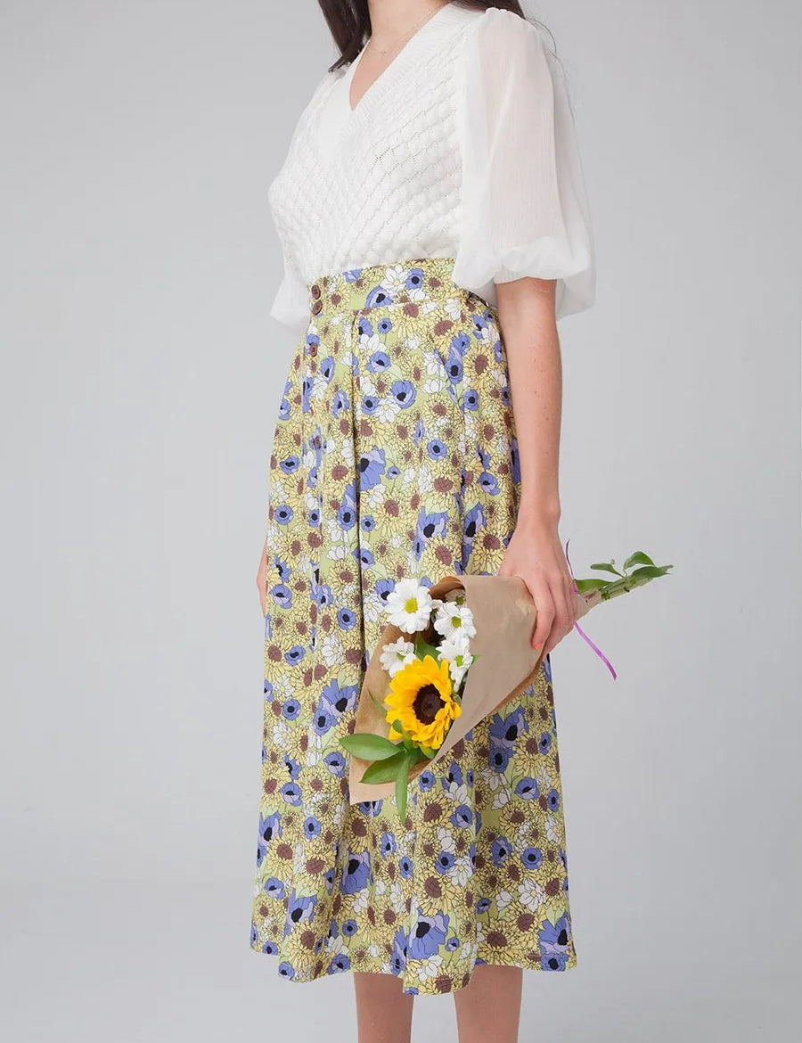 Falda Midi Girasoles - ECRU