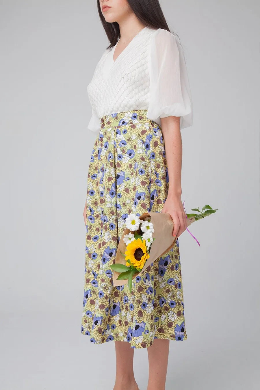 Falda Midi Girasoles - ECRU