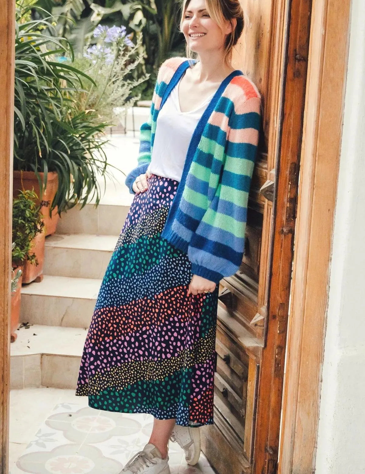 Falda Sugarhill Zora Navy Multi Painterly Spot Stripe - ECRU