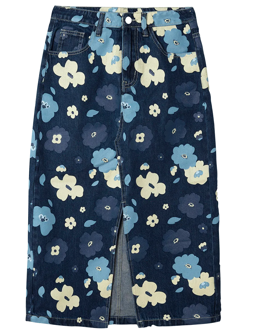 Falda Vaquera Midi Flores - ECRU