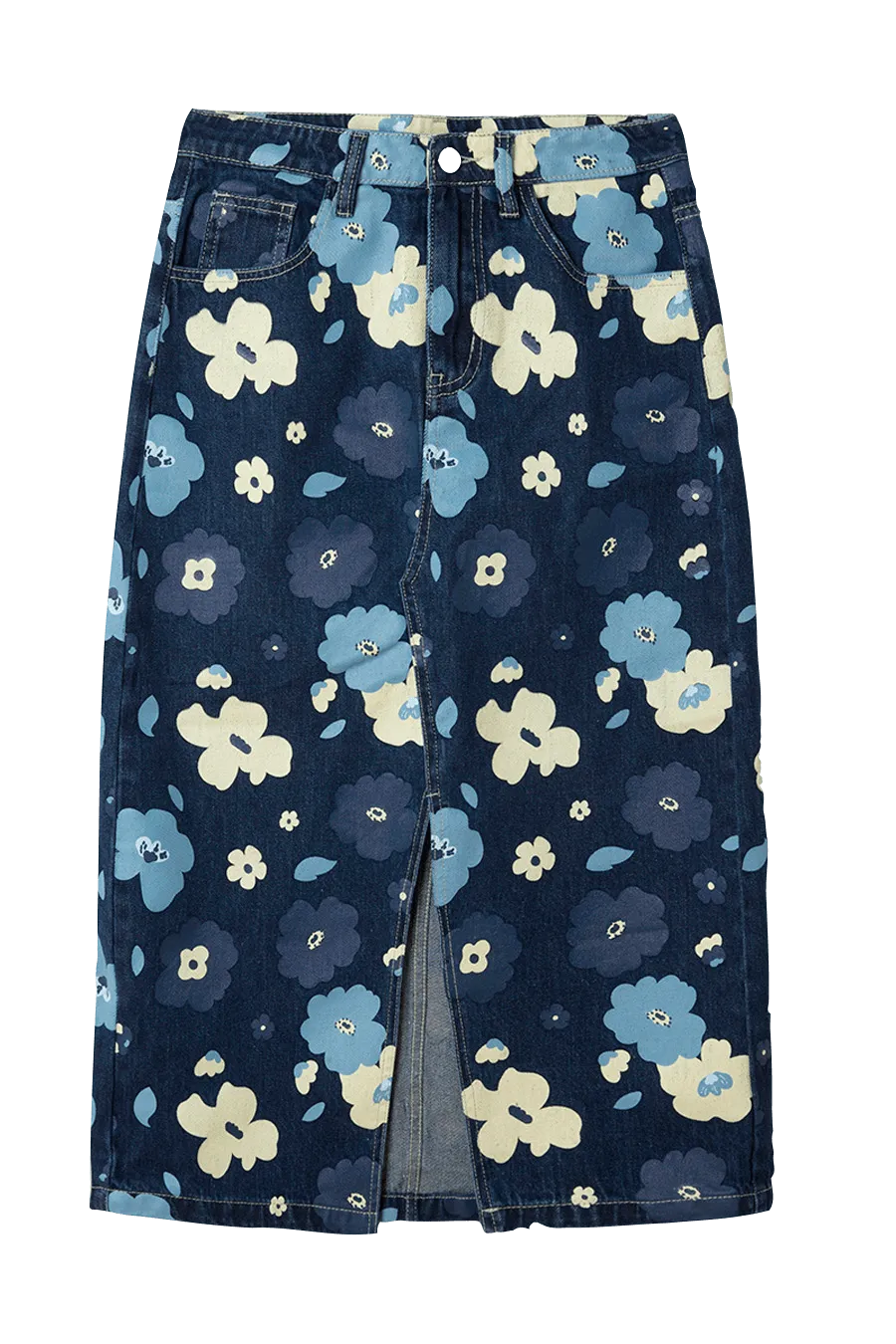 Falda Vaquera Midi Flores - ECRU