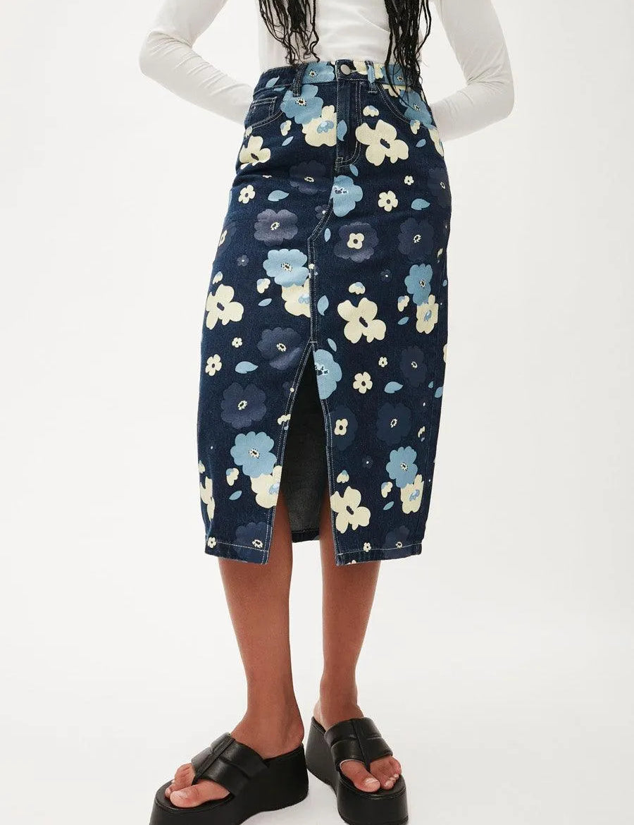 Falda Vaquera Midi Flores - ECRU