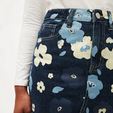 Falda Vaquera Midi Flores - ECRU