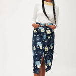 Falda Vaquera Midi Flores - ECRU