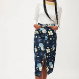 Falda Vaquera Midi Flores - ECRU