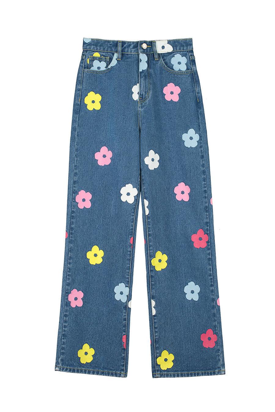 Jeans tiro alto flores - ECRU