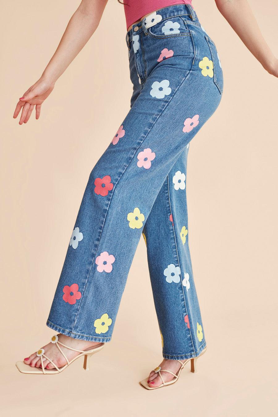 Jeans tiro alto flores - ECRU