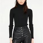 Jersey ajustado de punto canalé con cuello alto y manga larga negro - ECRU