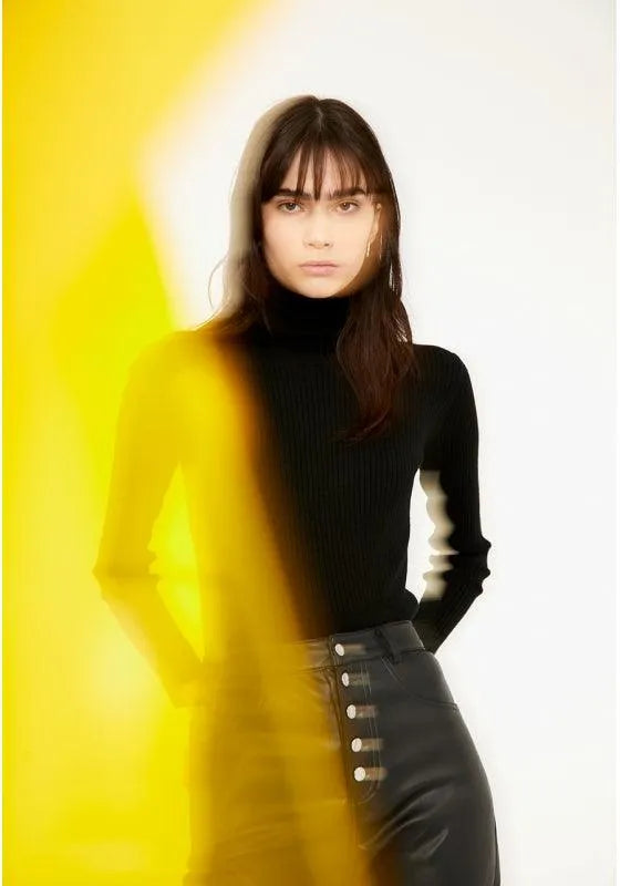 Jersey ajustado de punto canalé con cuello alto y manga larga negro - ECRU