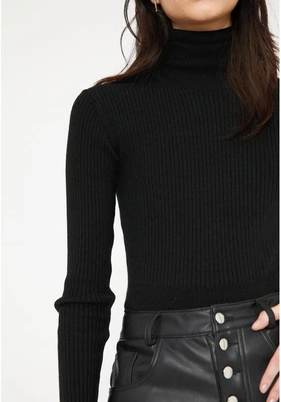 Jersey ajustado de punto canalé con cuello alto y manga larga negro - ECRU