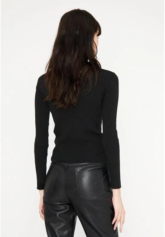 Jersey ajustado de punto canalé con cuello alto y manga larga negro - ECRU