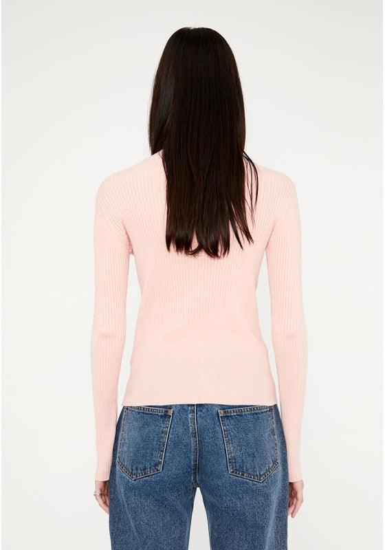Jersey ajustado de punto canalé con cuello alto y manga larga rosa - ECRU
