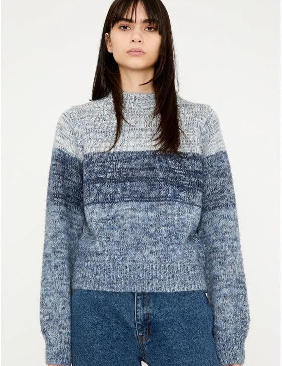 Jersey de punto tricolor con manga larga y cuello subido azul - ECRU