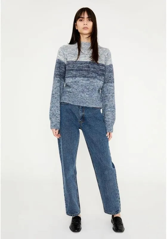 Jersey de punto tricolor con manga larga y cuello subido azul - ECRU