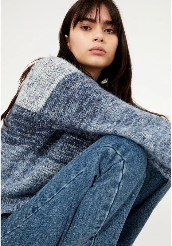 Jersey de punto tricolor con manga larga y cuello subido azul - ECRU