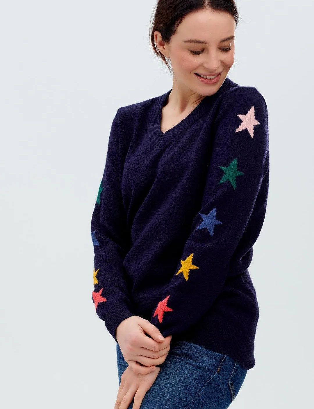 Jersey Renetta con cuello en V Azul marino, manga de estrella - ECRU