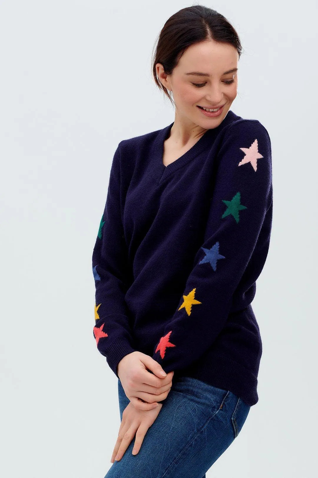 Jersey Renetta con cuello en V Azul marino, manga de estrella - ECRU