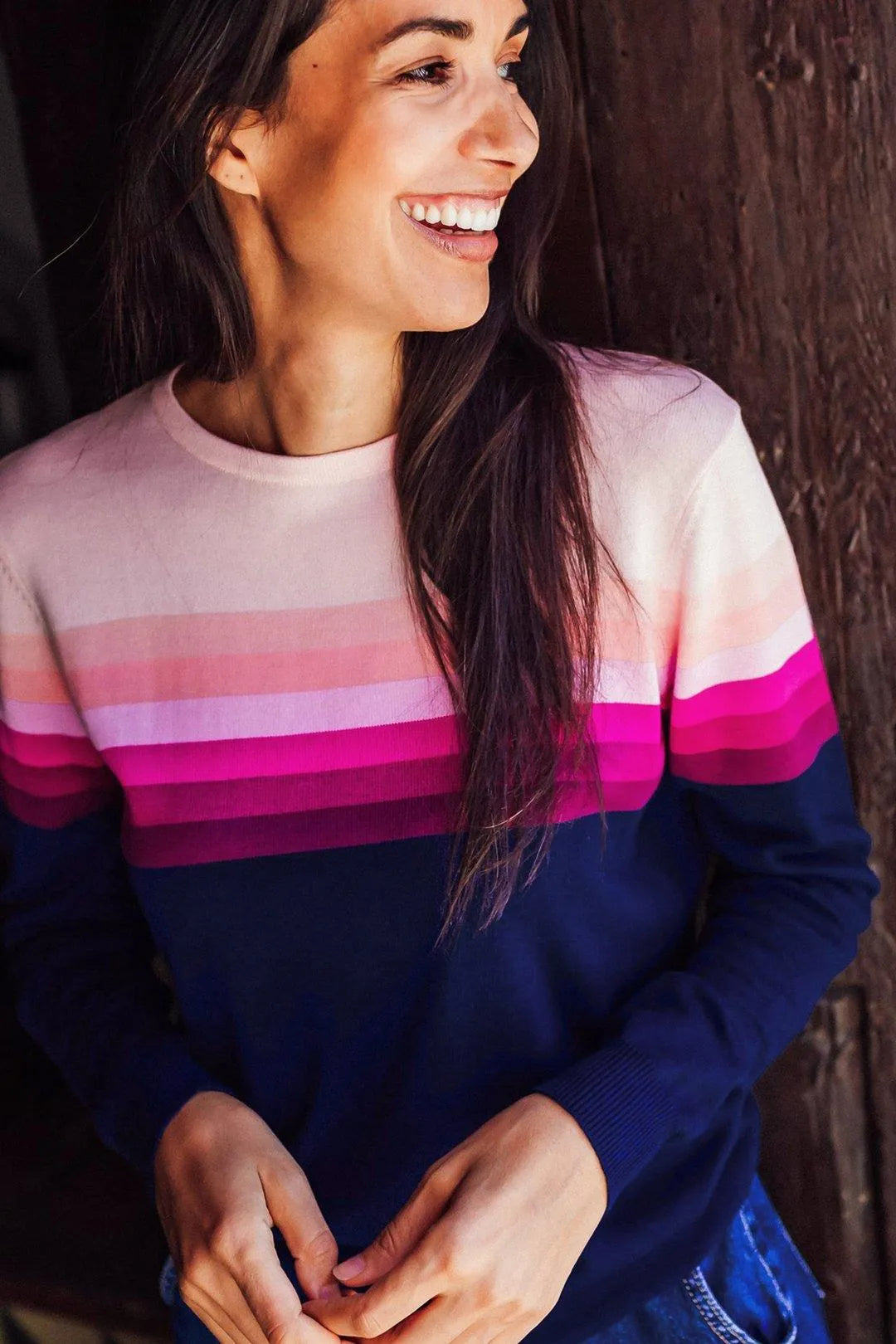Jersey Rita Azul marino, rayas rosadas en degradado - ECRU