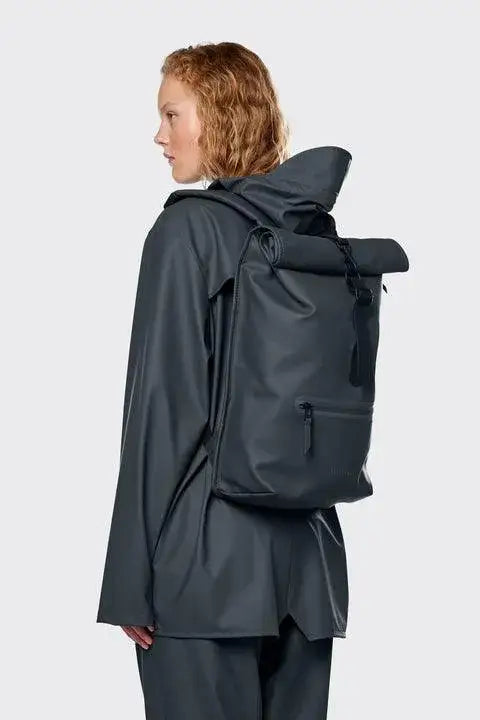 rains slate backpack Rains Rolltop Rucksack Slate Backpack – ECRU