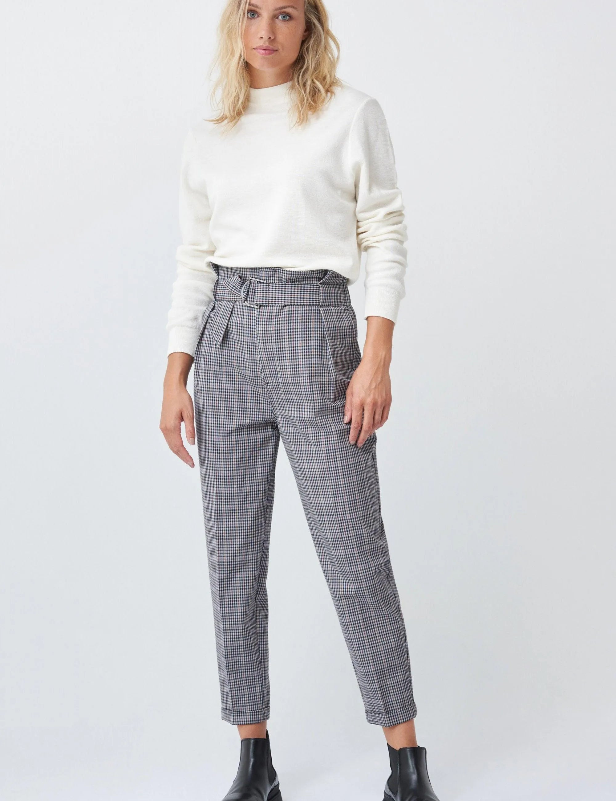 Pantalón Cropped Cuadros - ECRU