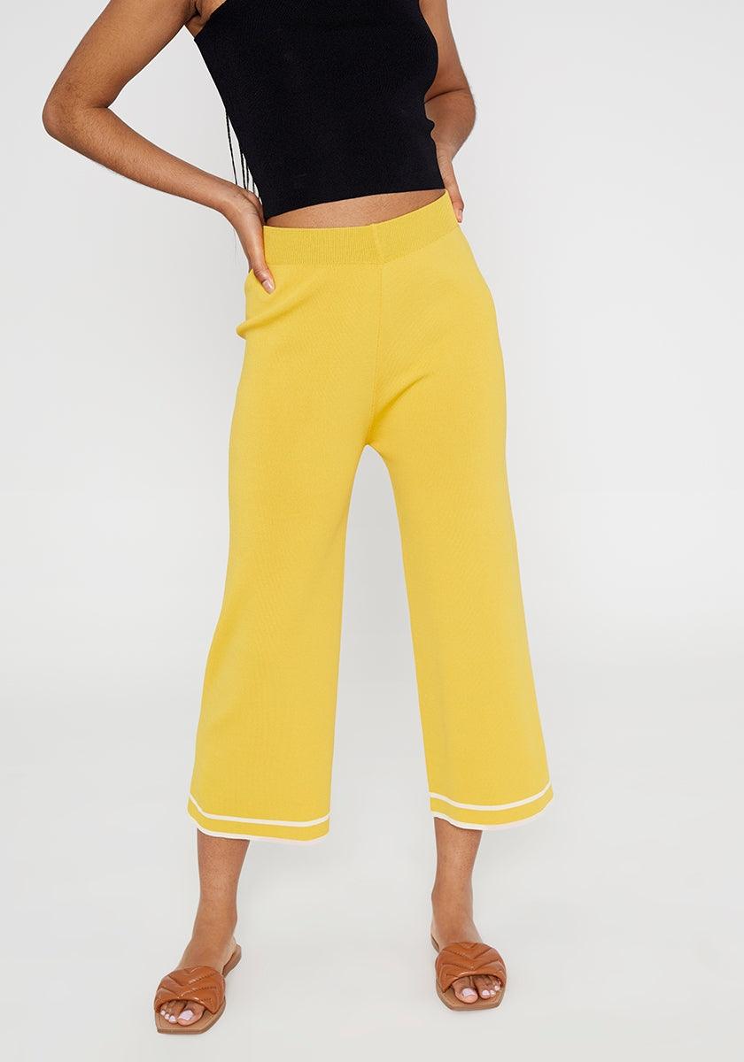 Pantalón culotte de punto con ribetes a contraste amarillo - ECRU