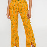 Pantalón de estampado étnico de pierna recta de talle medio con bajos divididos delanteros - ECRU