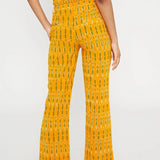 Pantalón de estampado étnico de pierna recta de talle medio con bajos divididos delanteros - ECRU